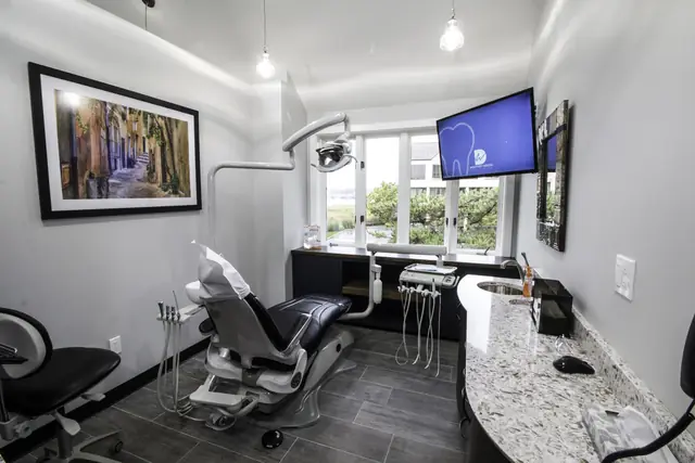 A treatment room looking onto the water.