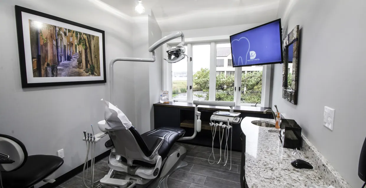 A treatment room at Westport Dental Associates, set for an examination.